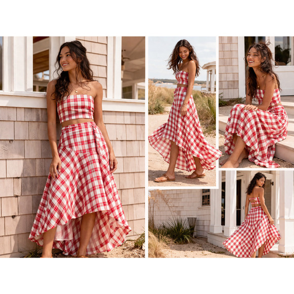 Free People Other - New with Tags Free People Set Red Plaid Strapless Crop Top SZ L Skirt SZ M